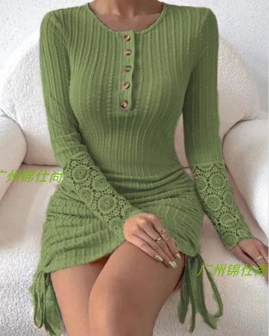 Autumn New Women's Round Neck Long Sleeved Sexy Spicy Girl Tight Fitting Hip Hugging Dress With Adjustable Side Drawstring