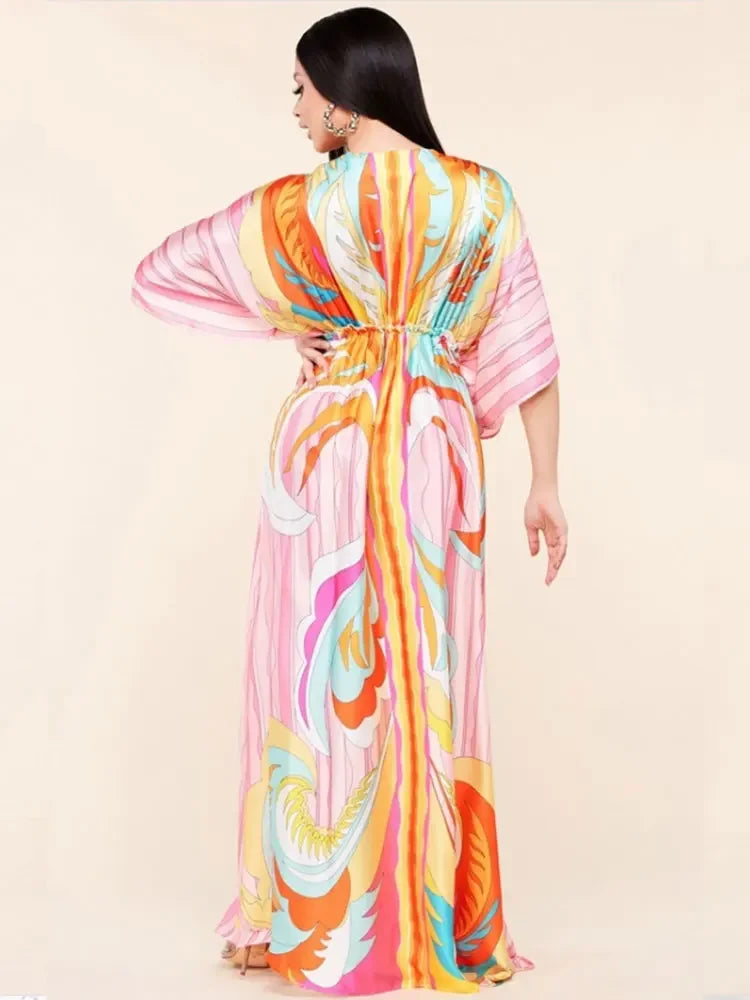 Bikini Cover-ups Boho Print Long Dress Self Belted Sexy Beach Tunic 2023 Summer Women Beach Wear Swim Suit Cover Up A932