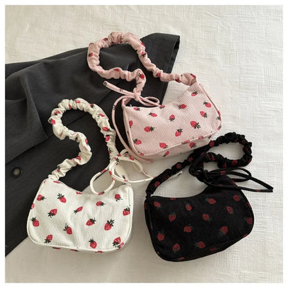 New Large Capacity Corduroy Tote Bag Women Girl Y2k Strawberry Shoulder Bag Sweet Trendy Zipper Underarm Bag Crossbody Bag