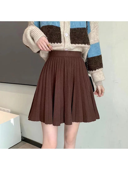 Autumn Winter Knitted Pleated Skirts Women's Elastic High Waist A-Line Umbrella Skirts Casual Sexy Slim Short Mini Skirts