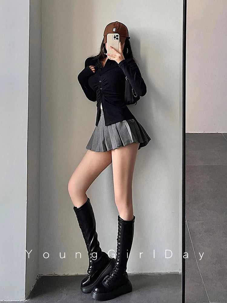  Pleated Skirt with Shorts Women Sexy High Waist White Black A-line Korean Gyaru Mini Tennis Skirt School Girl Summer
