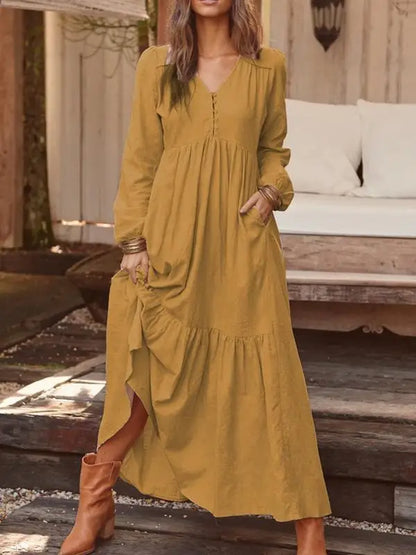 Cotton Linen Women Long Dress 2023 New Loose Fashion V-Neck Casual Solid Long Sleeve A-Line Sexy Dresses Elegant Ruffles Vestido