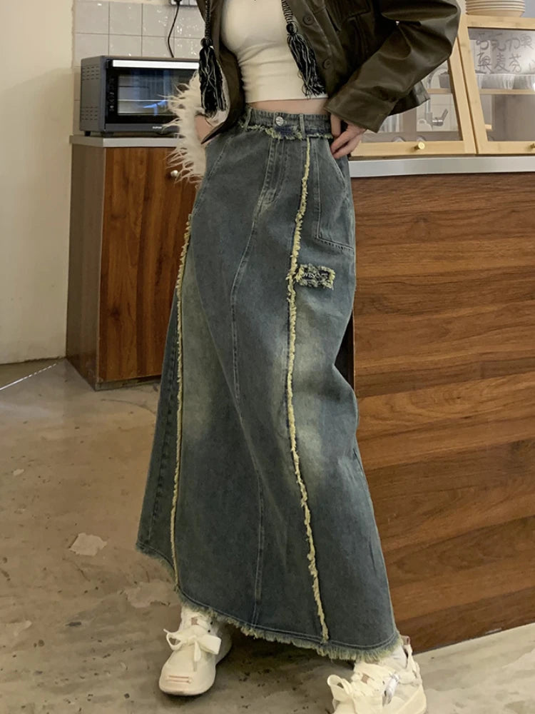 S-4XL Skirts Women Leisure Ankle-length All-match Denim Simple Chic Designed Vintage American Style Y2k Harajuku A-line Faldas