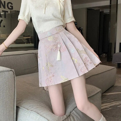 New Chinese Style Jacquard Embroidered Pleated Skirt for Women 2025SS High Waist Slim Anti-exposure A-line Girl Short Half Dress