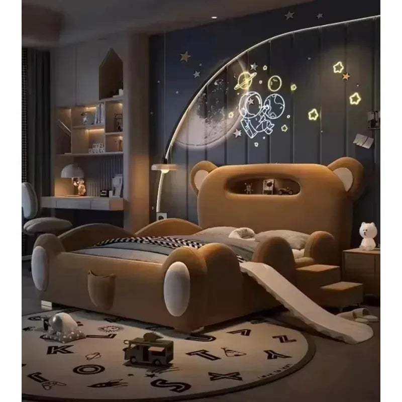Kid Parapet Beds New Bear Design Bed Cute Double Boy Girl Baby Bed With Stairs Slide Storage Child Bedroom Furniture Wholesale