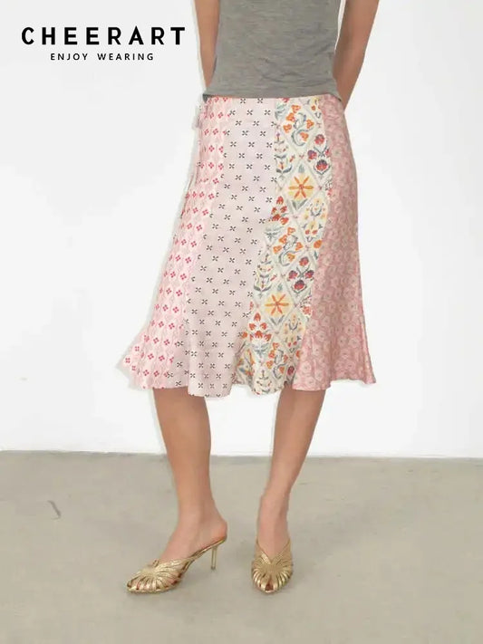 CHEERART Pink Patchwrok Floral Mermaid Skirt For Woman Summer 2025 Knee Length Ladies Fashion Bottoms Designer Clothing