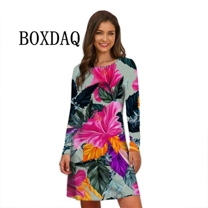 Flower Power Women Dress Retro Hippie 60s Elegant Long Sleeve Loose Dress Casual Fashion Oversized Autumn Woman Print Mini Dress
