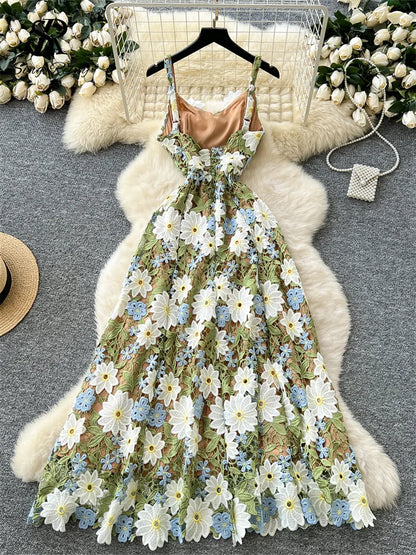 SINGREINY Embroidery 3D Floral Dress Women Sleeveless Hook Flower Hollow Backless Dress 2025 Light Luxury Elegant Long Sundress