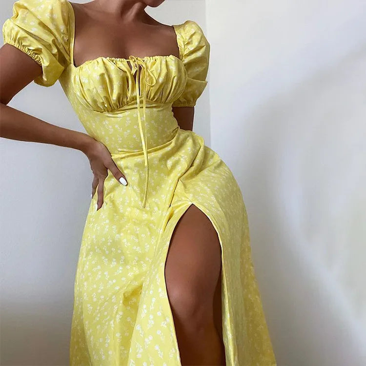 Skinny floral prints Dresses for Summer Women's Dress Square Neck Short Bubble Sleeves High Waist Lace-up Maxi Split Dress