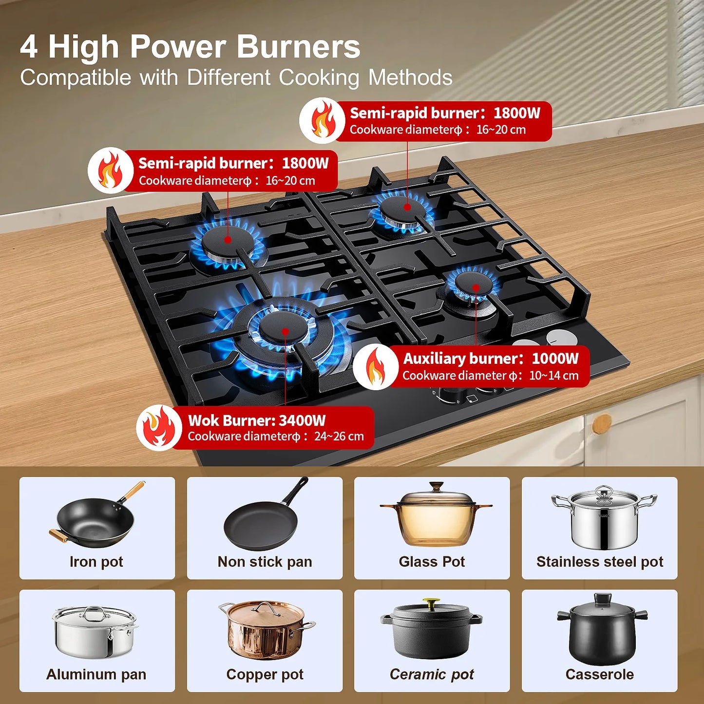 60cm Built-in Gas Hob 4 Burner | Flame Failure Protection & Cast Iron Grates | Black Glass Dual Fuel (NG/LPG)