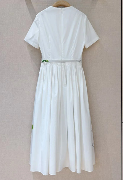 Top Quality New 2026 Spring Summer Dress Women Green Leaves Floral Print Pocket Patchwork Short Sleeve Mid-Calf White Dress