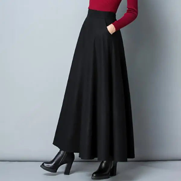 Autumn Winter Black Gray Large Size Woolen Long Skirt Women Fashion Korean Ladies Red High Waist Festival Pleated A-line Skirts