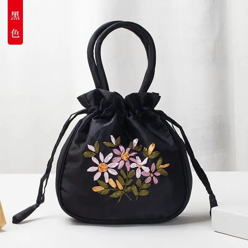 Women Bucket Bag Top Handle Ladies Handbag Phone Bag Summer Small Purse National Style Embroidered Flower Pattern Drawstring Bag
