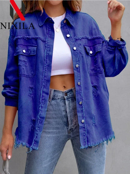 Spring Autumn Denim Women's Jacket Rough Selvedge Ripped Loose Fit Long Sleeve Korean Fashion Female Top