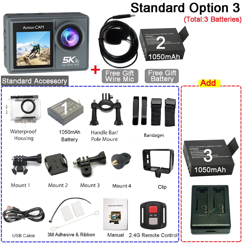 Action Camera 5K 4K60FPS Dual IPS Touch LCD EIS 170° 30M Waterproof 5X Zoom Sport Camera Optional Wireless Mic & Remote Control
