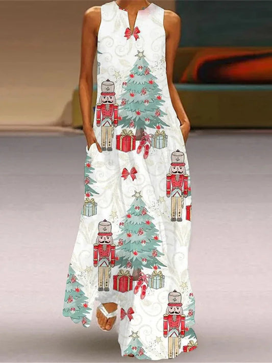Christmas Tree 3D Printing Dress Fashion Sexy Sleeveless V-neck Long Dress Casual Party Maxi Female Dress Street Fashion Dresses