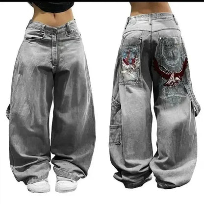 American Fashion Trend Joker Pattern Embroidered Loose Jeans Women Street Y2K New Hip Hop Oversized Wide-leg Pants Unisex Jeans