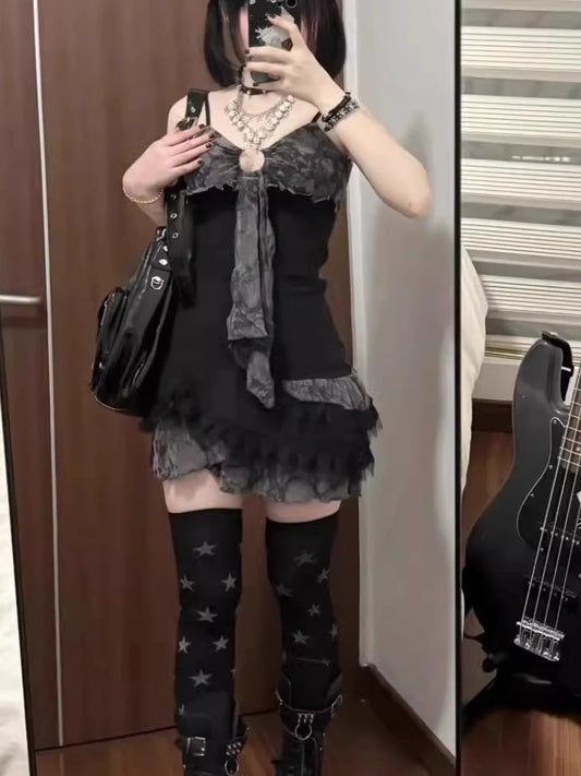 2000s Aesthetic Elegant Mini Dress Women Gothic Y2k Off Shoulder Design Retro Harajuku Dress Female Chic Korean Popular Clothes