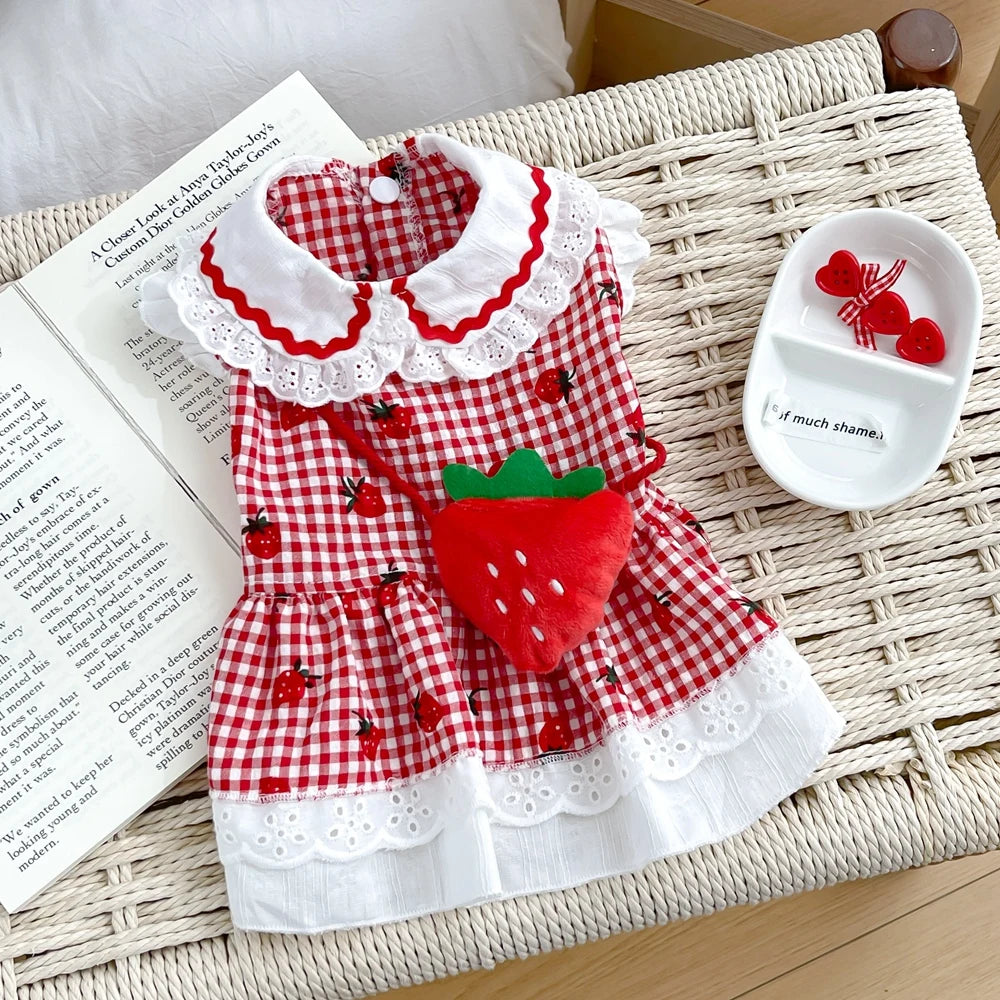 2025 New Puppy Clothes Dog Dress Plaid Maid Pet Costumes Red Pink Cat Strap Girl Female Pet Skirt Lace Summer Spring Puppy Wear