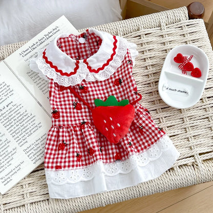 2025 New Puppy Clothes Dog Dress Plaid Maid Pet Costumes Red Pink Cat Strap Girl Female Pet Skirt Lace Summer Spring Puppy Wear