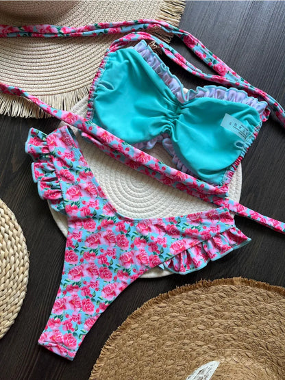 Bikini Set Women's Ruffle Flower Print Sexy 2 Pieces Swimsuit Triangle Strapless Backless Thong Beach Bathing Suit 2025 New