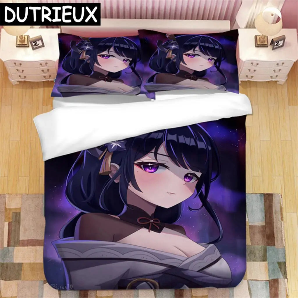 Genshin Impact Raiden Shogun 3D Printed Bedding Set Duvet Covers Pillowcases Comforter Bedding Set Bedclothes Duvet Cover