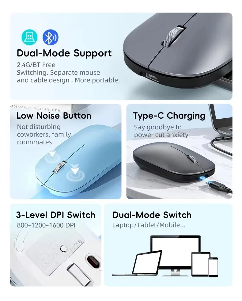 Lenovo Wireless Mouse with Type-C Fast Charging, Silent Click Dual-Mode for Multi-Device, 4 Adjustable DPI 2.4G + BT Dual-mode
