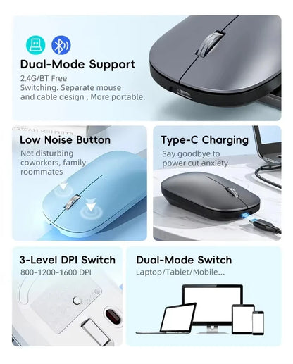 Lenovo Wireless Mouse with Type-C Fast Charging, Silent Click Dual-Mode for Multi-Device, 4 Adjustable DPI 2.4G + BT Dual-mode