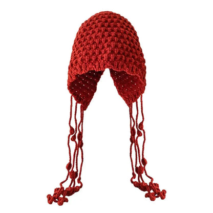 Women's Fashion Hand Woven Tassel Ball Knitted Hat Comfortable Warm Soft Skin-friendly Pullover Cap Street Photography Travel