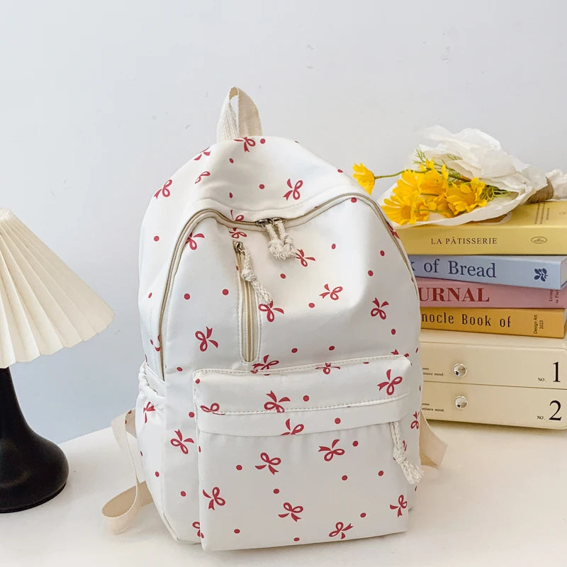 For Daily Use Back To School Season Playful Bow Print Quilted Backpack with Multi Pocket Adjustable Straps Large Capacity