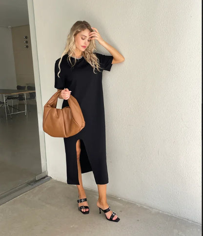 2024 Summer Fashion Split Women T shirt Dress Black Basic Simple Dresses