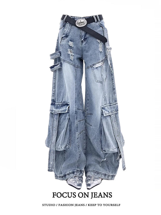American Deconstructed Sa Multi-ket Workwear Jeans Women Loose Wide Leg Pants High Waist Long Trousers Blue Casual