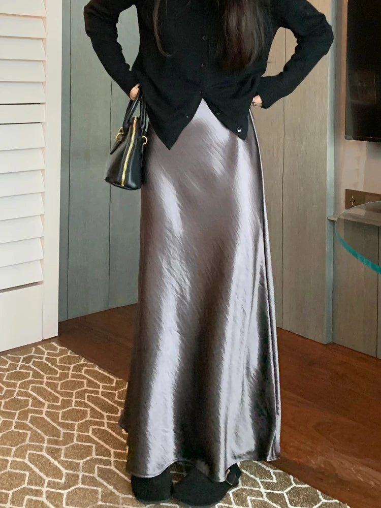 Spring Women's Long Skirts High-waist Luxury Satin Fishtail Skirt Ladies Elegant Loose Solid Gray Black A-line Skirts for Women