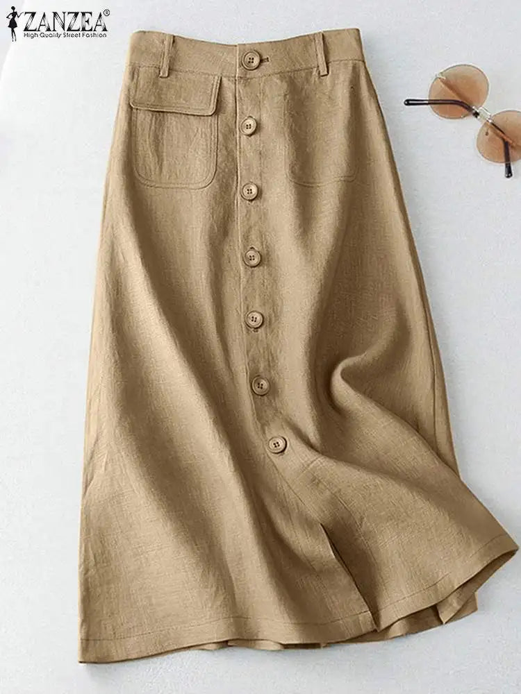 ZANZEA Women Casual Button Up A-line Skirts Summer Spring Cotton Midi Skirts Elegant High Waist Mujer Solid Temperament Faldas