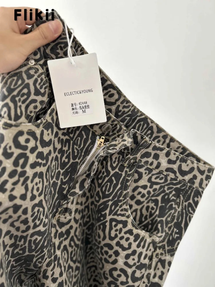 American Vintage Leopard High Waist Jeans Women's Casual 2000s Pants Baggy Y2K Wide Leg Grunge High Street Washed Denim Trouser