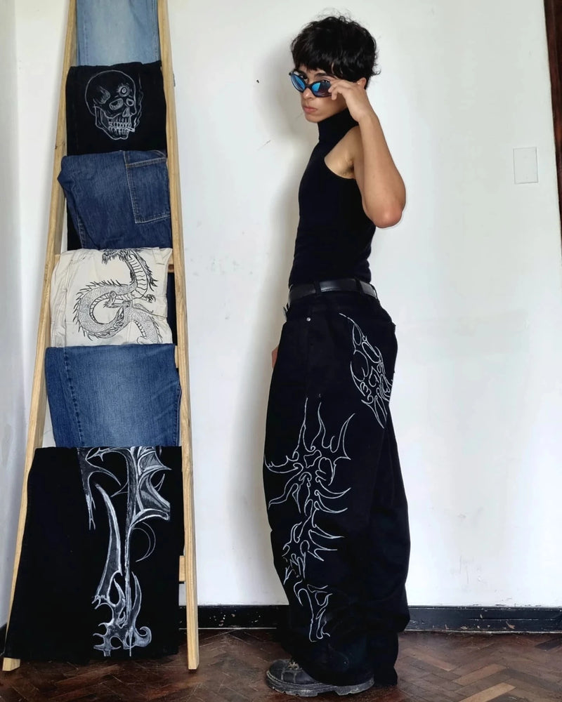 Summer Y2K Vintage Washed Floral Print Wide Leg Jeans Women High Waist Baggy Boho Comfort Loose Fit Pants Daily TikTok Viral