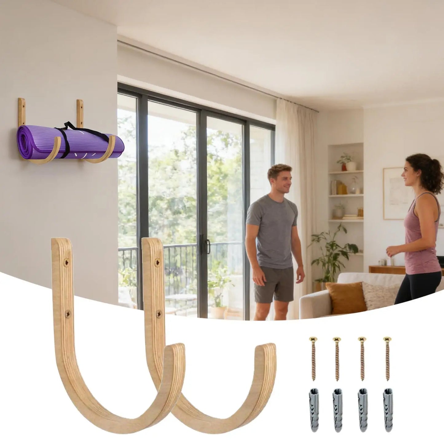 Yoga Mat Storage 2 Pieces Wooden with Screws Yoga Accessories Exercise Mat Rack for Home Indoor Workout Equipment Resistance