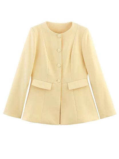 HH 2025 Elegant Women's Yellow Slim Blazer Jacket Female O-Neck Long Sleeve Single Breasted Suit Coat Lady Office Streetwear