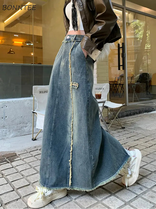 S-4XL Skirts Women Leisure Ankle-length All-match Denim Simple Chic Designed Vintage American Style Y2k Harajuku A-line Faldas