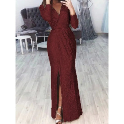 Women's Sequin High Slit Party Dresses Ruched Evening Glitter Dress Deep V Neck Long Sleeve Vestidos 2025 Autumn Female New Robe