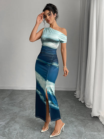 Foreign trade women's summer new style European and American contrasting slim fit dress with slanted shoulders long skirt