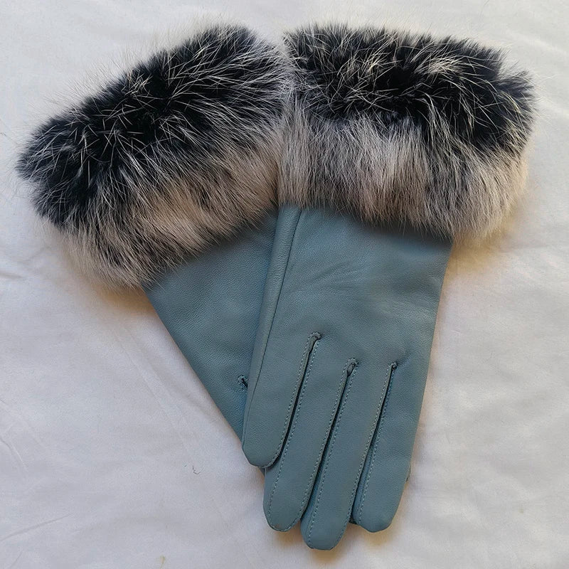 2025 Women Winter Warm Genuine Sheep Leather Glove With Real Fur Trimming Female Warm Real Leather Fur High Quality Mittens