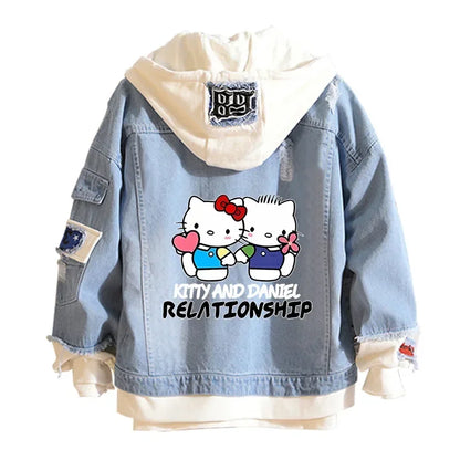 Anime Sanrio Denim Bomber Jacket Hello Kitty Hooded Jeans Sweatshirt Unisex Ripped Hole Cosplay Hoodie Long-Sleeved Denim Jacket