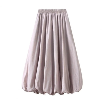 Elasticated Waist Skirt Elastic High Waist Bubble Maxi Skirt with Ankle-length Lantern Design Solid Color A-line for Spring