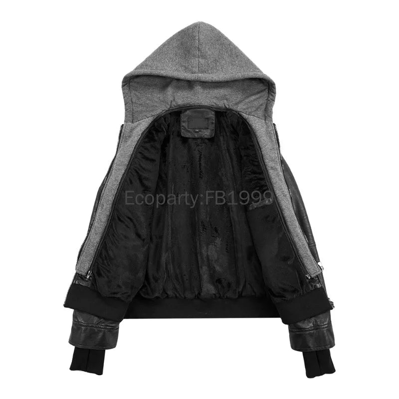 2024 Autumn Winter Women's Motorcycle Jacket Black Slim Pu Leather Removable Hooded Zipper Leather Coat Female Casual Outerwear