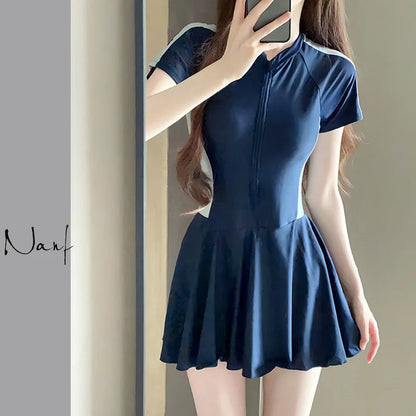 Summer One-piece Solid Color Short Sleeved Shirt Covers the Flesh Women's Clothing Appears Slim Conservative New Style Swimwears