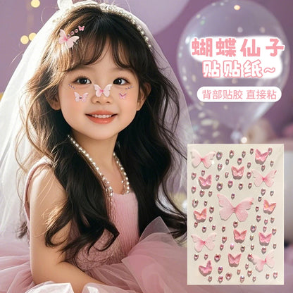 1/3/5 Sheets Kawaii Children's Butterfly Face Stickers Self-adhesive Pink/Green Elf Rhinestone Resin Butterfly Decals For Makeup