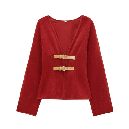 HH 2024Female Autumn Fashion Casual Coats Long Sleeves Belt Decoration Cardigan Solid V-Neck Slim 2-Colors Elegant Retro Top