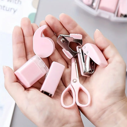 8 PCS Mini Office Supplies Set with Portable Case - Including Scissors Tape Box Pencil Case Puncher and Staples