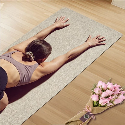Organic Linen 5mm Natural Rubber Yoga Mat, Eco-Friendly Non-Slip, Shock Absorbing Quiet Workout Mat with Carry Strap